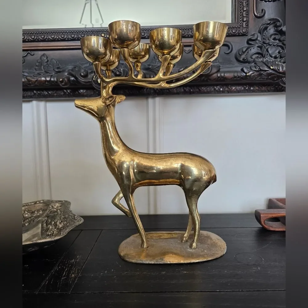 Vintage Brass Reindeer Buck 8 Point Votive Holder 13 x 7